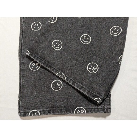 EDIKTED MOODY EMOJI AOP Women Size XL Wide-Leg Black Washed Denim Jeans NEW - Picture 9 of 15